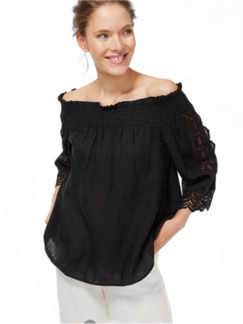 Chico's Black Linen Off The Shoulder Crochet Lace Trim Boho Blouse Top 1.5 M L